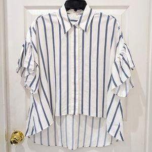 Alice + Olivia White Button-Down Shirt with Blue Stripes
